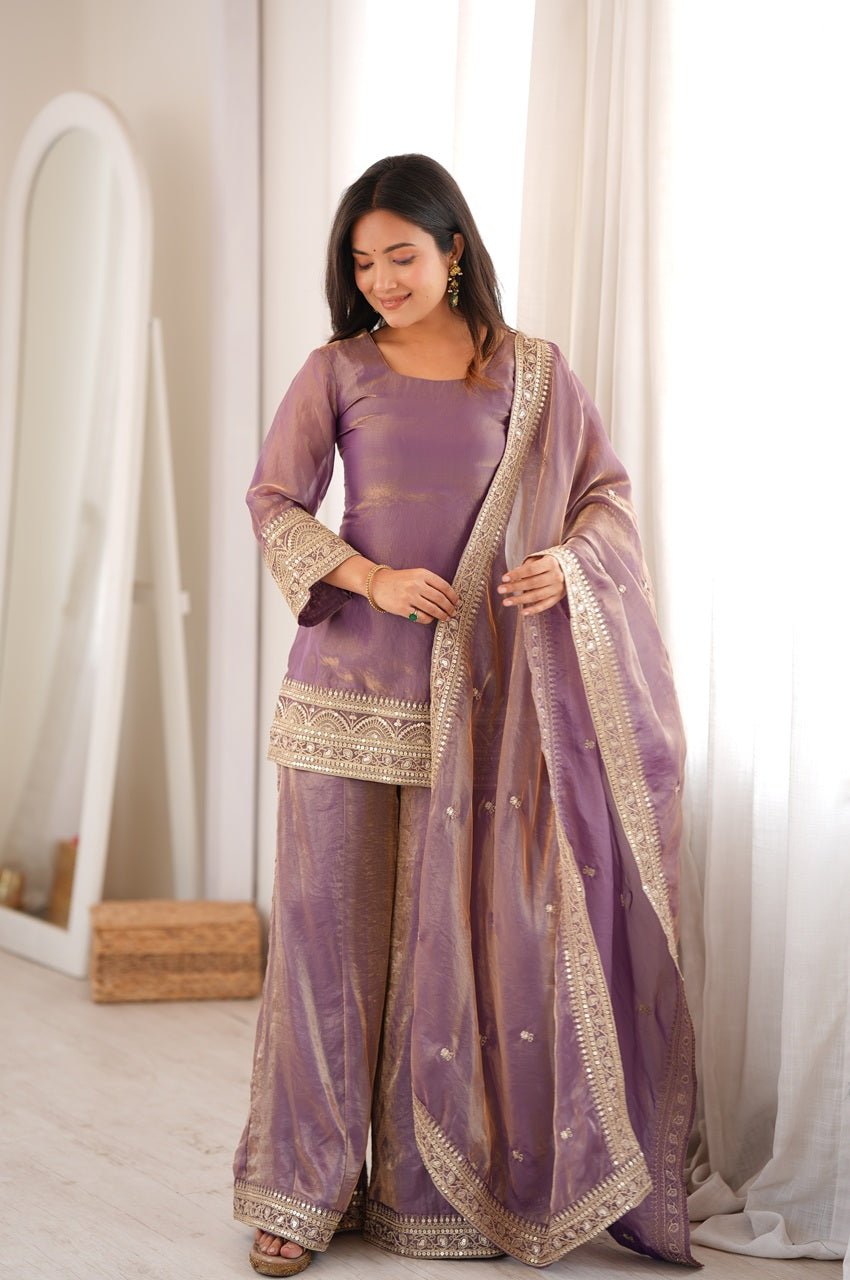 Mauve Frendy Silk Embroidered Kurta Palazzo Set