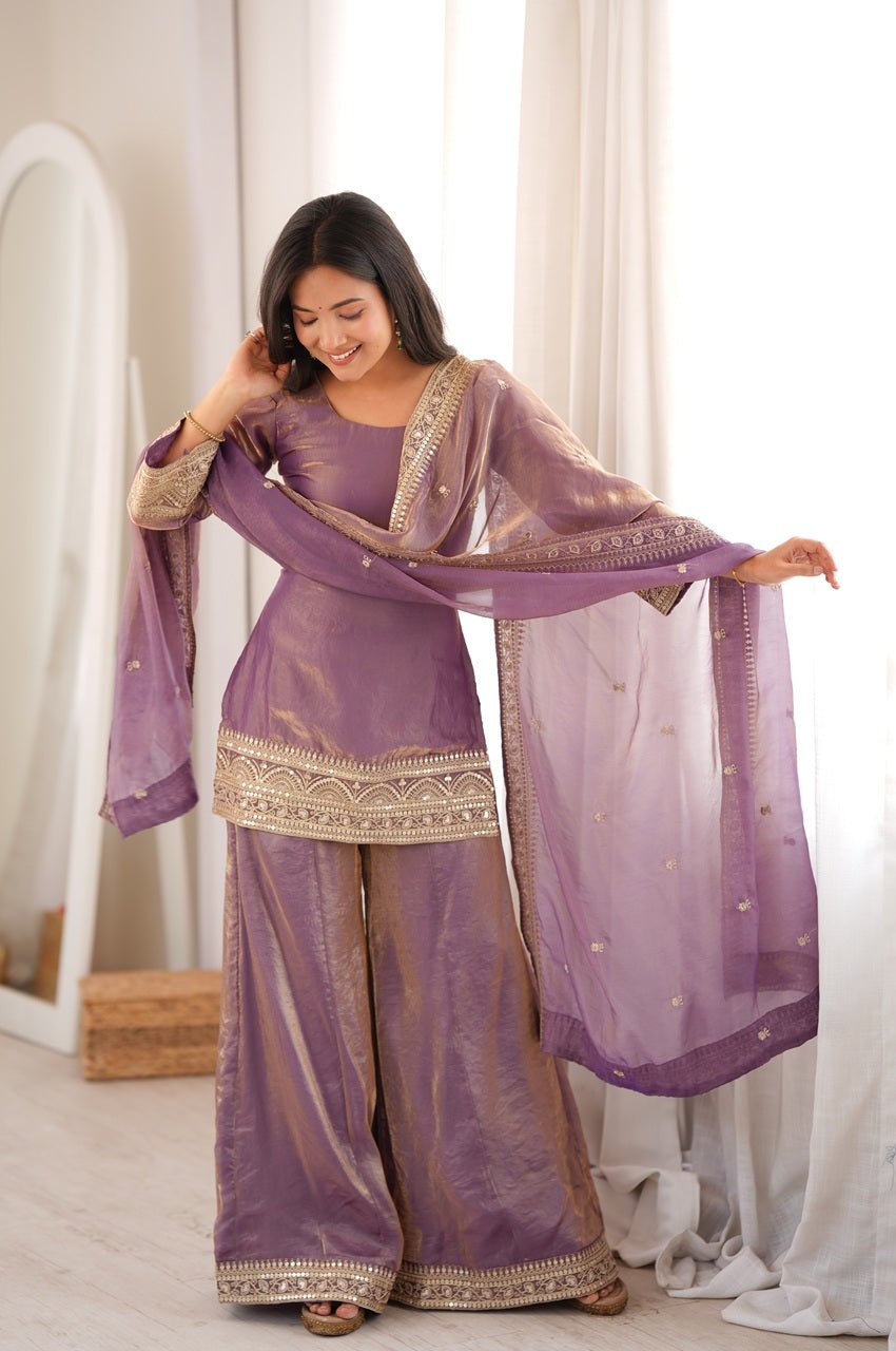 Mauve Frendy Silk Embroidered Kurta Palazzo Set