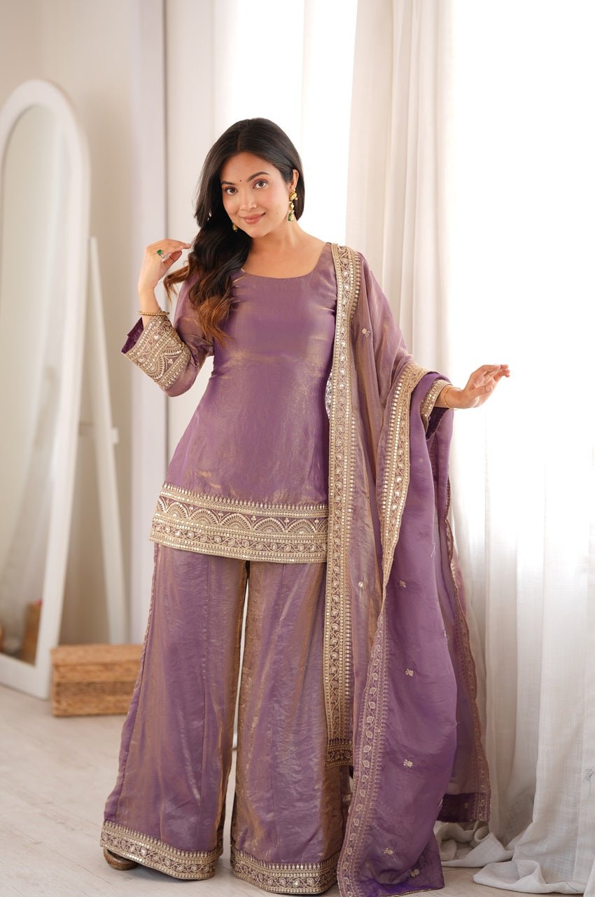 Mauve Frendy Silk Embroidered Kurta Palazzo Set
