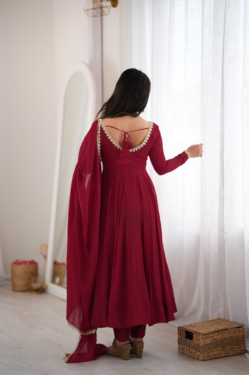 Maroon Mal Chanderi Mirror Work 16 Kali Anarkali Suit