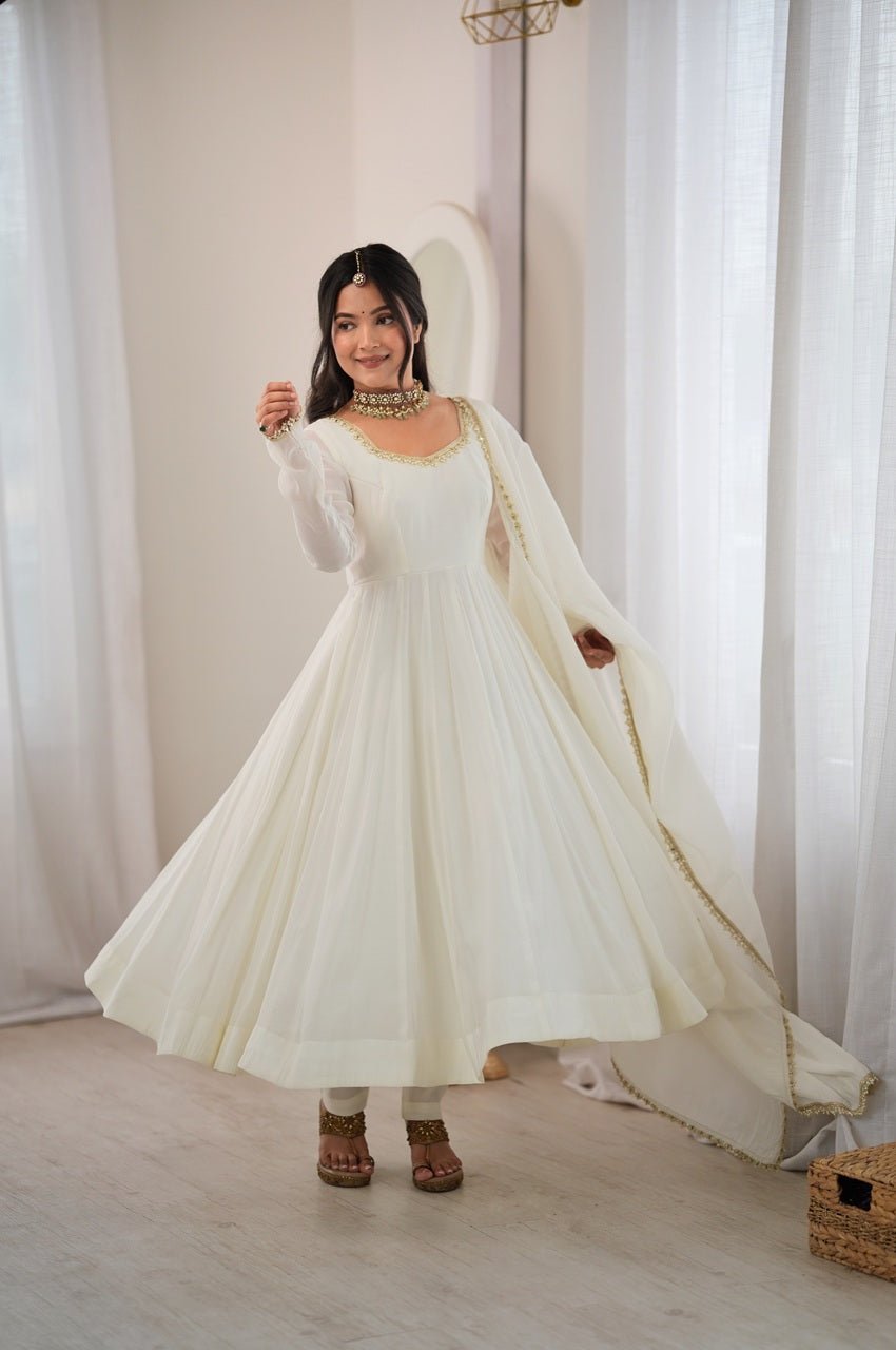 White Mal Chanderi Mirror Work 16 Kali Anarkali Suit