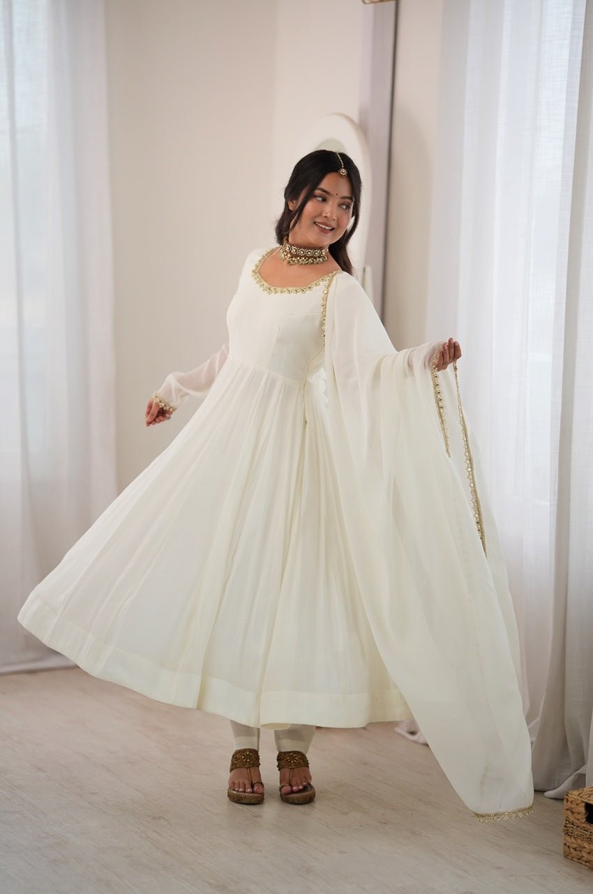 White Mal Chanderi Mirror Work 16 Kali Anarkali Suit