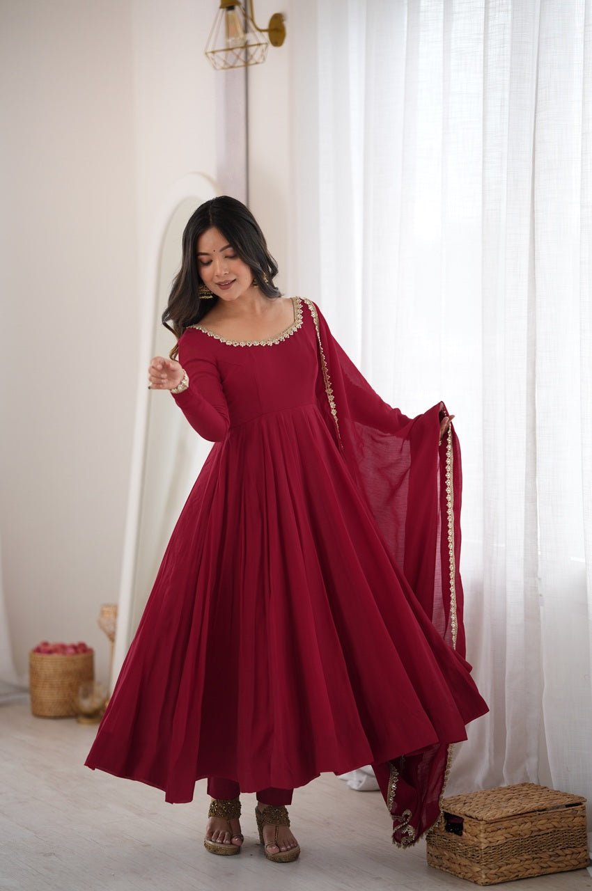 Maroon Mal Chanderi Mirror Work 16 Kali Anarkali Suit