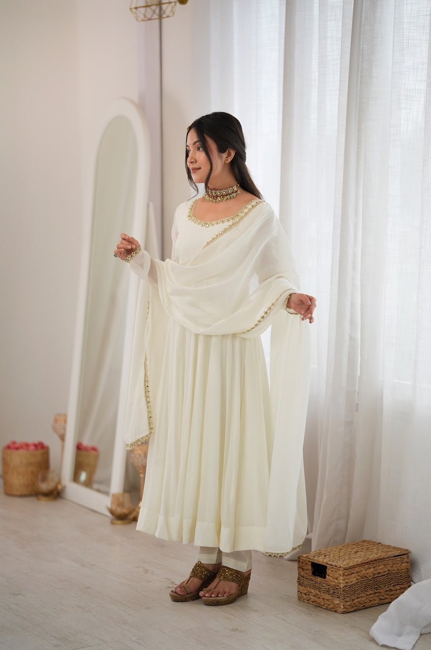 White Mal Chanderi Mirror Work 16 Kali Anarkali Suit