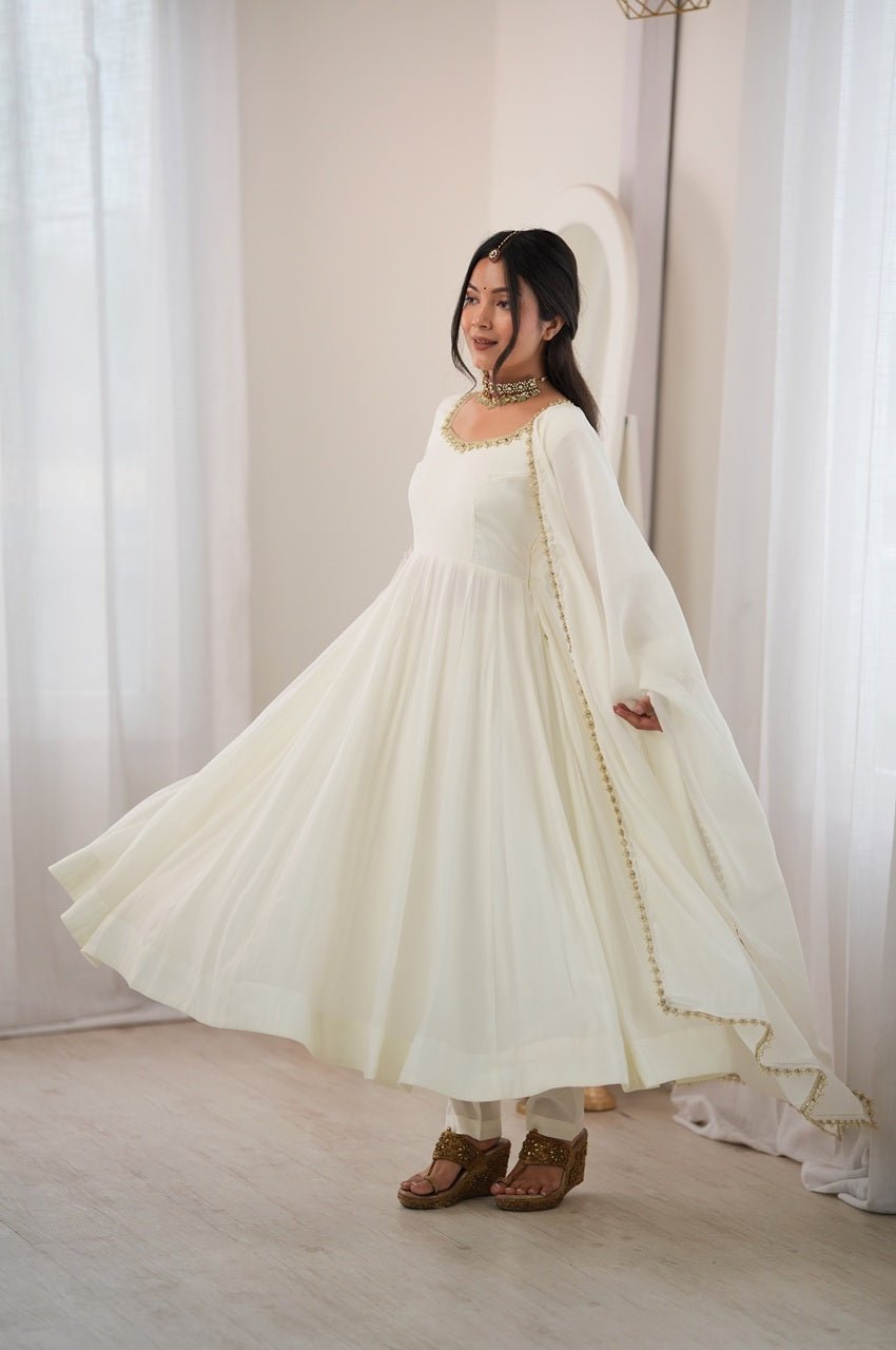 White Mal Chanderi Mirror Work 16 Kali Anarkali Suit
