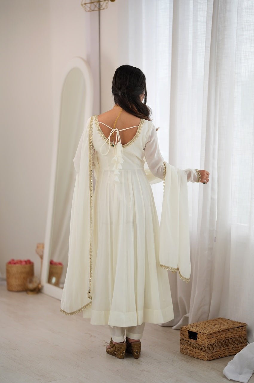 White Mal Chanderi Mirror Work 16 Kali Anarkali Suit