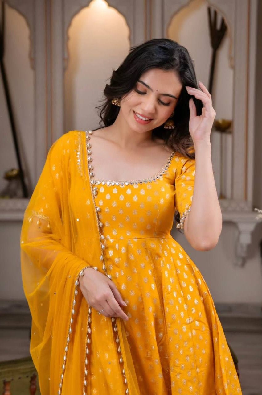 Mango Chanderi Jacquard Mirror Work Anarkali Suit Set