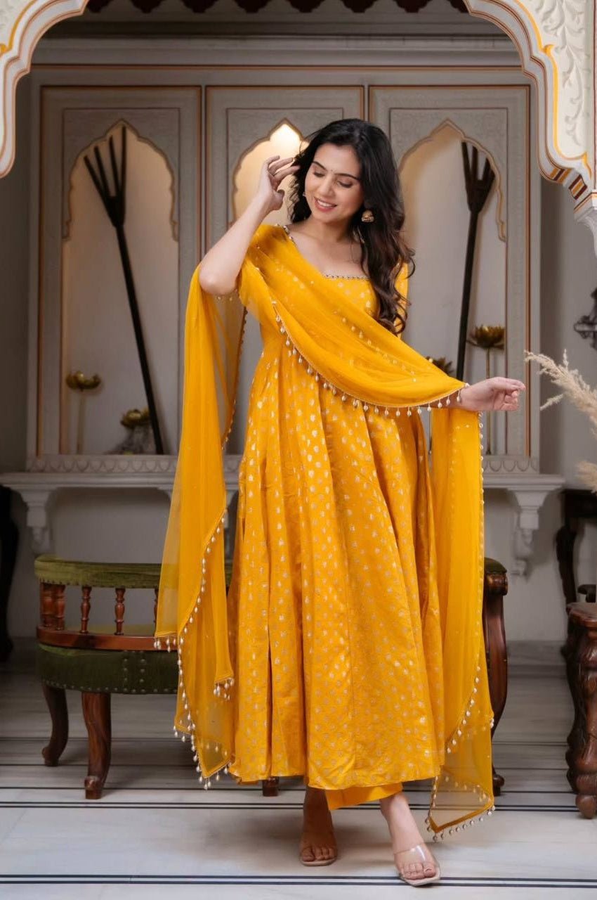 Mango Chanderi Jacquard Mirror Work Anarkali Suit Set