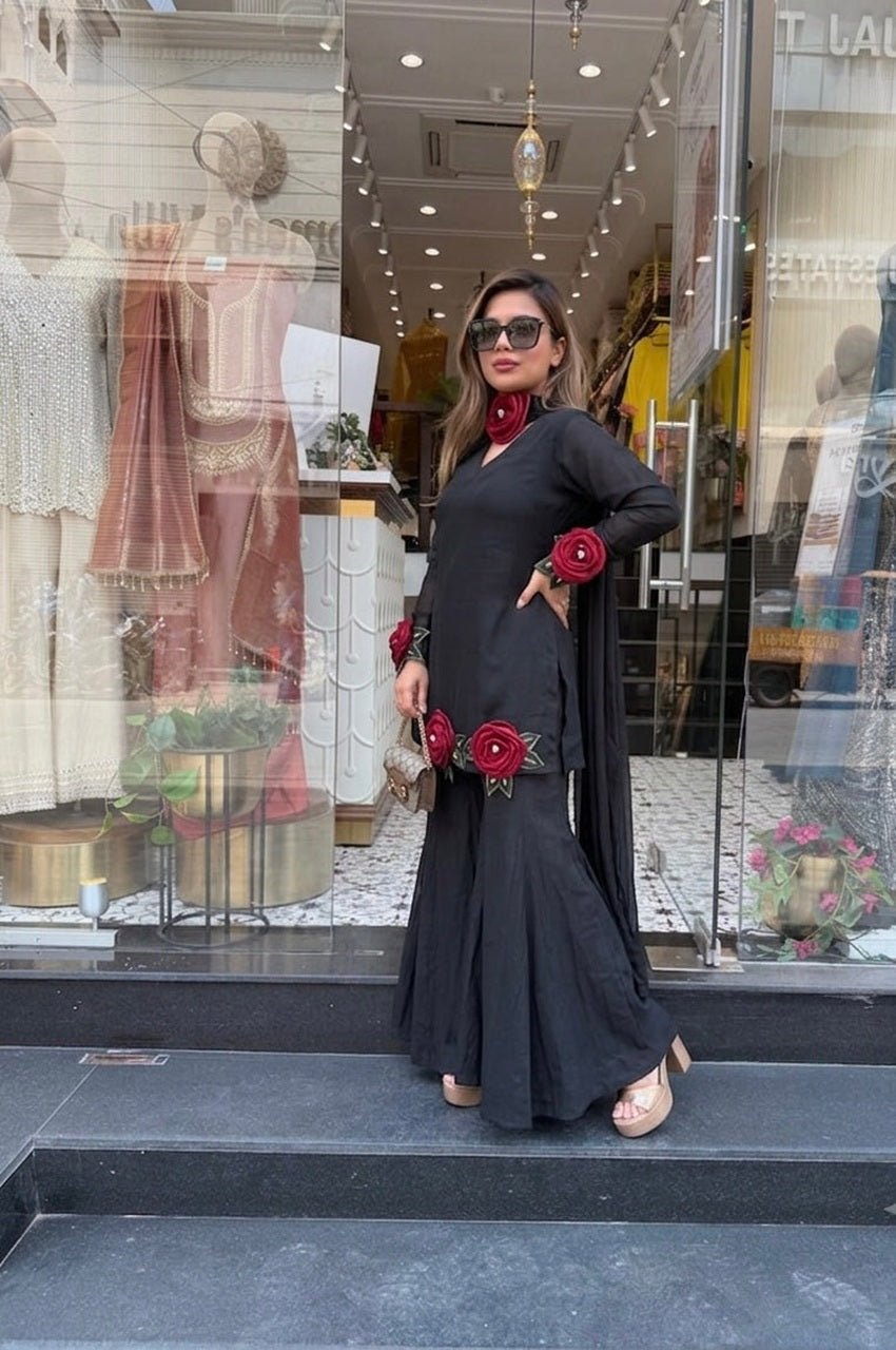 Black Roman Silk Hand Flower Embroidered Kurti Set