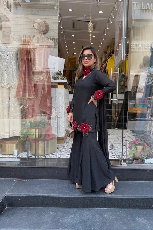 Black Roman Silk Hand Flower Embroidered Kurti Set