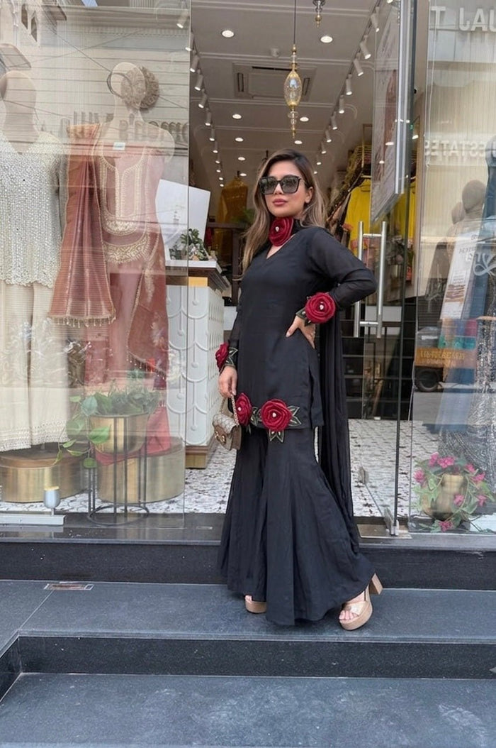 Black Roman Silk Hand Flower Embroidered Kurti Set