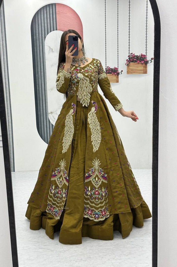 Mustard Green Crop Top Lehenga