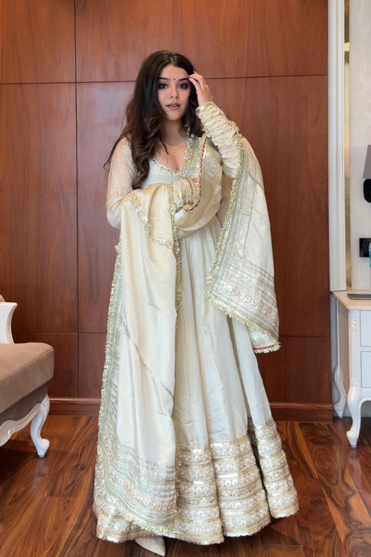 Elegant White Chinon Anarkali Suit Set