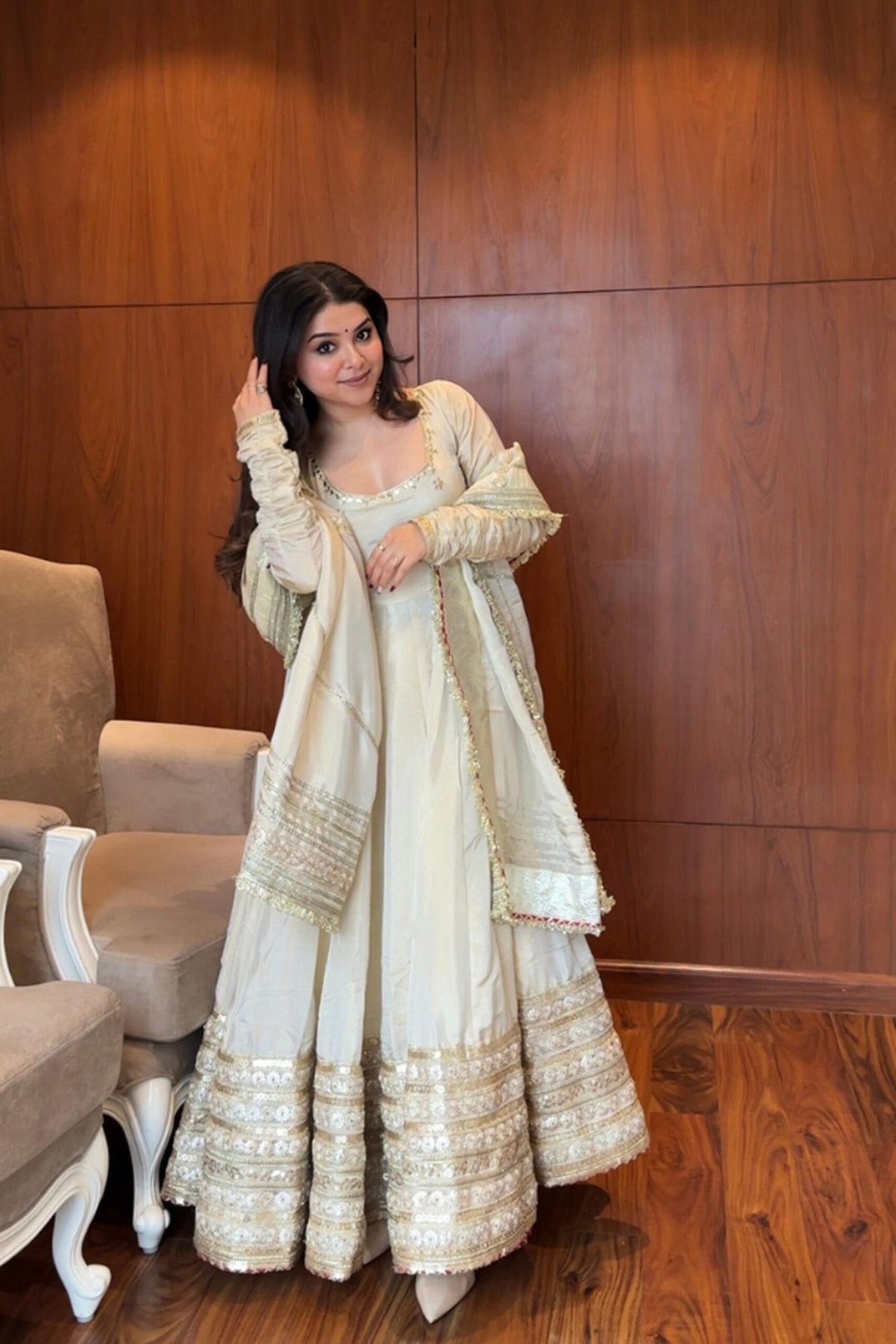 Elegant White Chinon Anarkali Suit Set