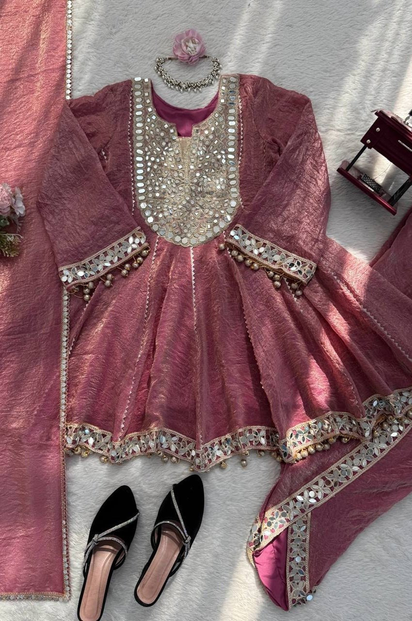 Rose Pink Gold Crush Dhoti Style Suit Set