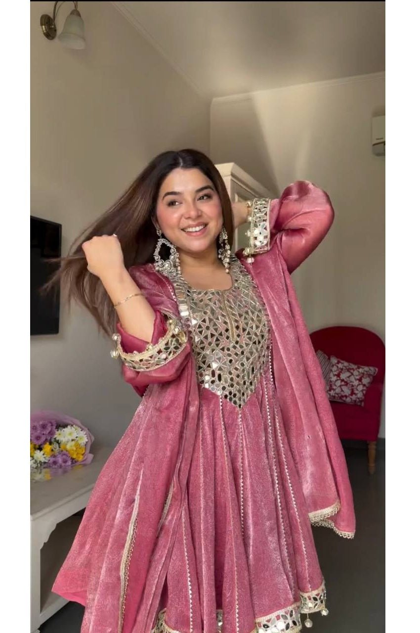 Rose Pink Gold Crush Dhoti Style Suit Set