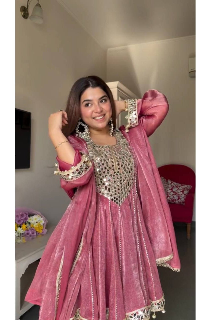 Rose Pink Gold Crush Dhoti Style Suit Set