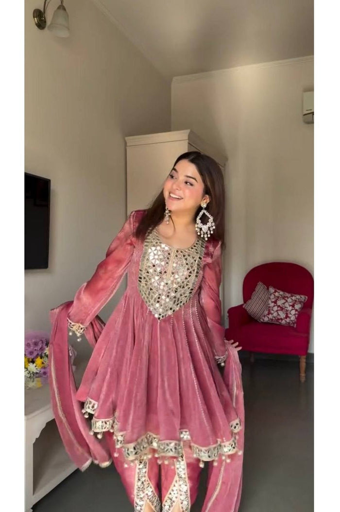 Rose Pink Gold Crush Dhoti Style Suit Set