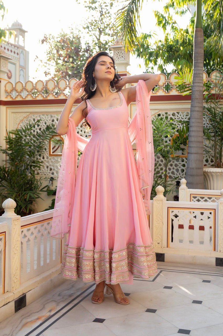 Pink American Silk Anarkali Set