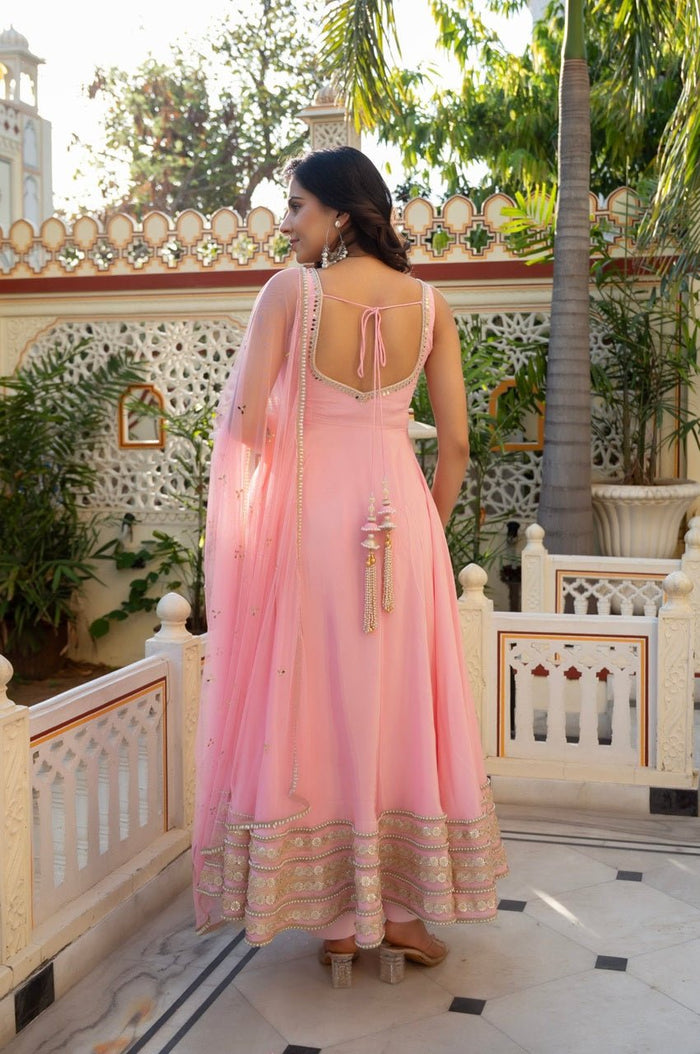 Pink American Silk Anarkali Set