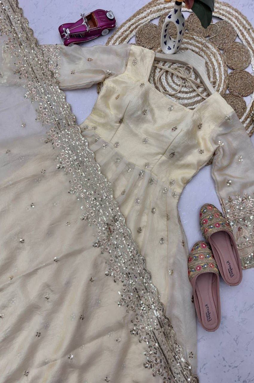 Light Cream Fandy Silk Gown Set