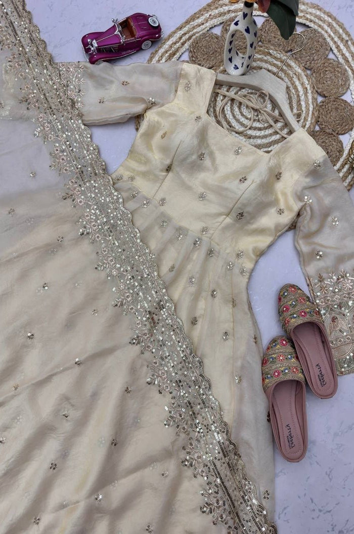 Light Cream Fandy Silk Gown Set