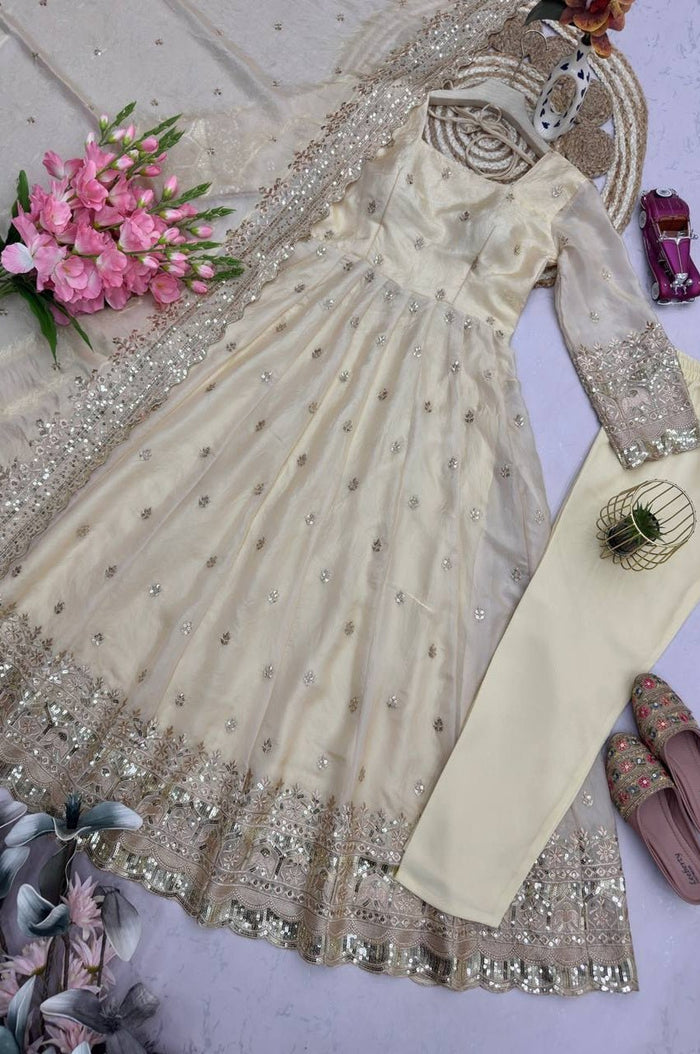 Light Cream Fandy Silk Gown Set