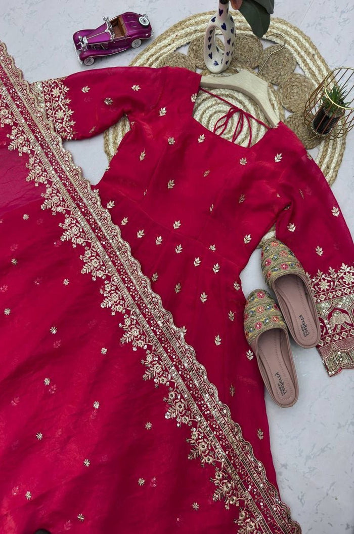 Rani Pink Embroidered Fendy Silk Gown Set