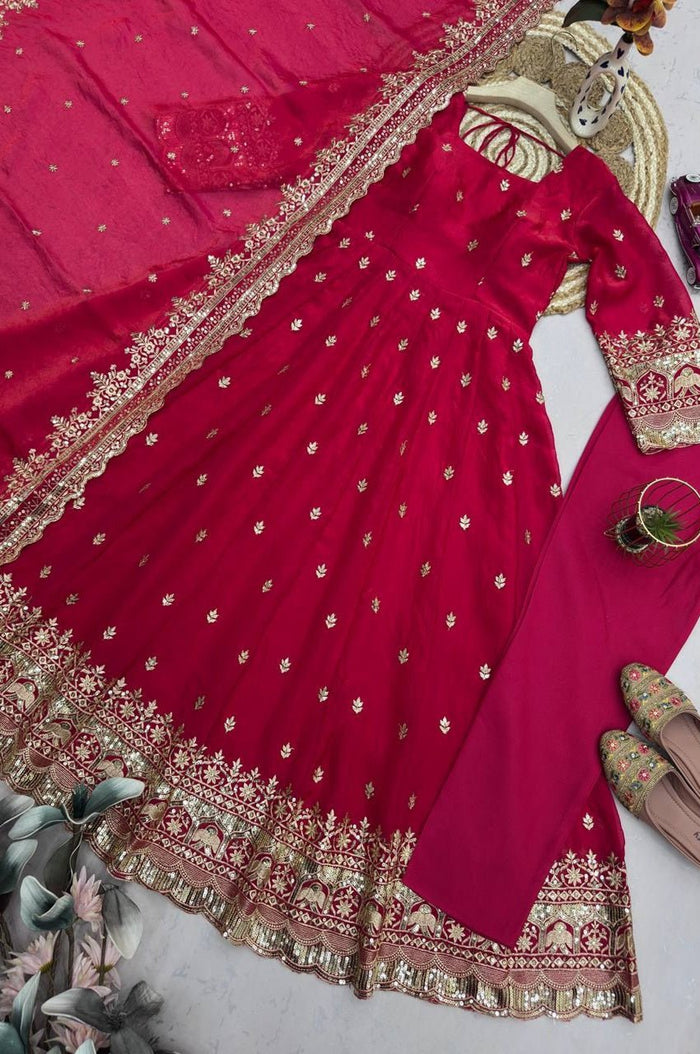 Rani Pink Embroidered Fendy Silk Gown Set