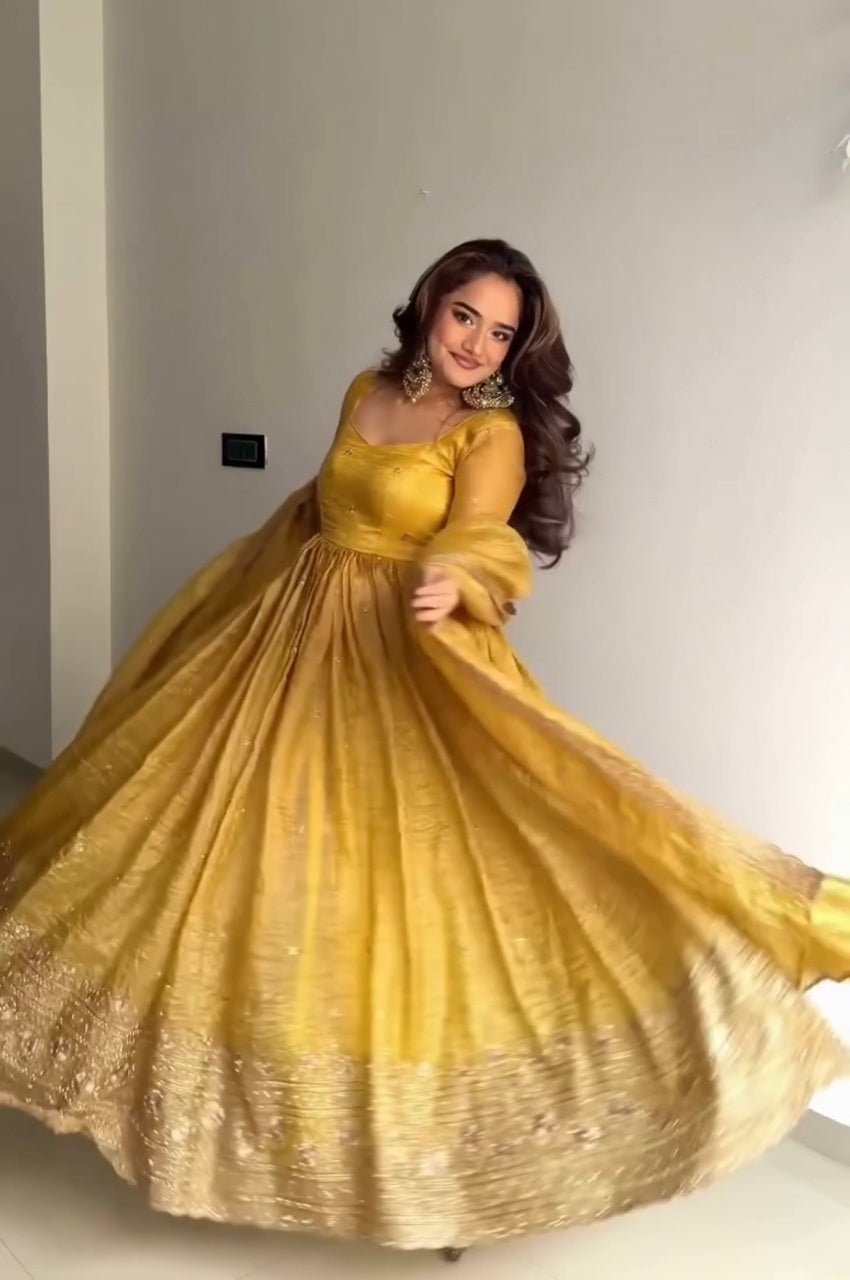 Mustard Gold Crush Anarkali Gown Set