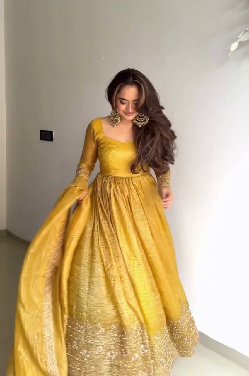 Mustard Gold Crush Anarkali Gown Set