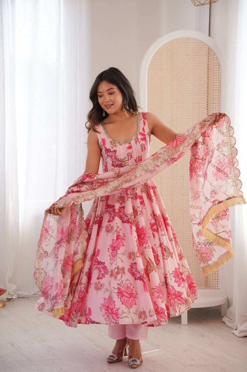 Pink Muslin Floral Print Anarkali Set