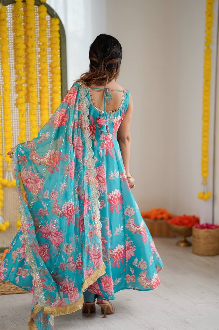 Blue Emerald Muslin Floral Print Anarkali Set