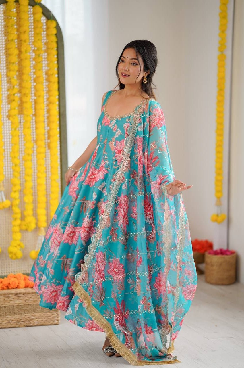 Blue Emerald Muslin Floral Print Anarkali Set