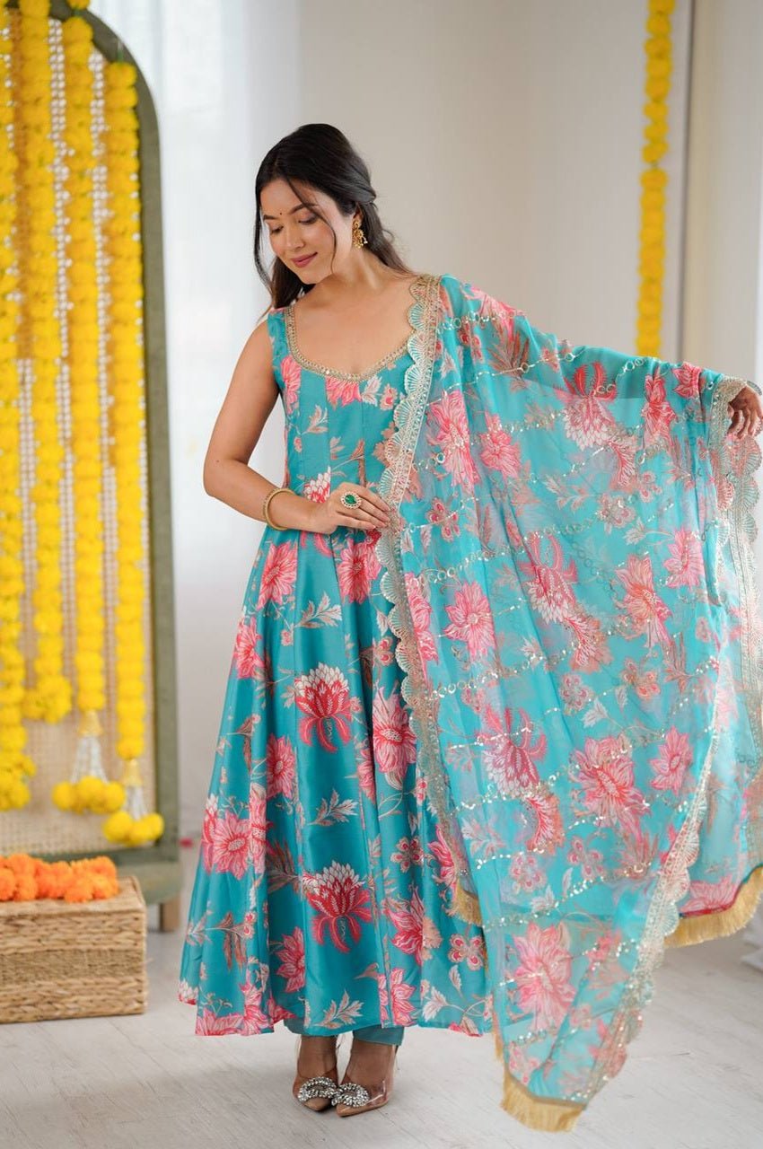 Blue Emerald Muslin Floral Print Anarkali Set