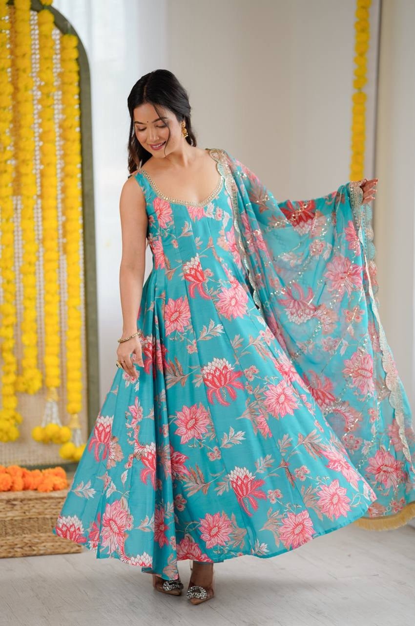 Blue Emerald Muslin Floral Print Anarkali Set