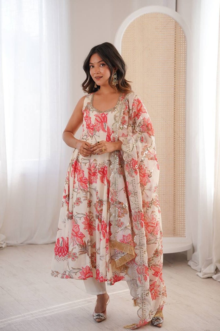 Cream White Muslin Floral Print Anarkali Set