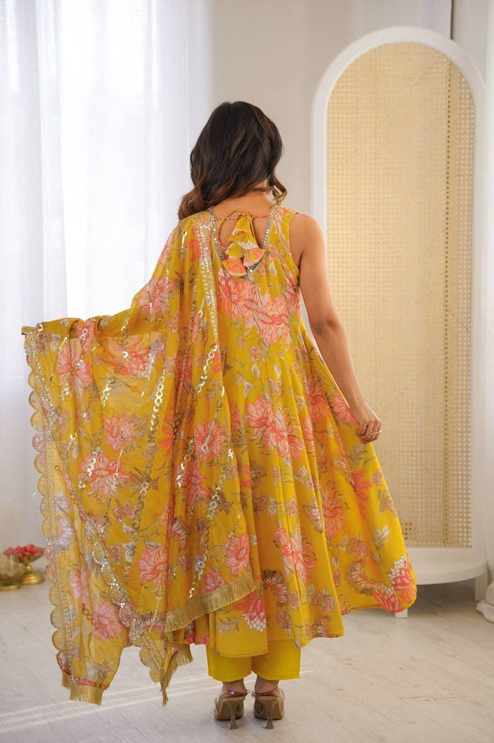 Sunshine Yellow Muslin Floral Print Anarkali Set