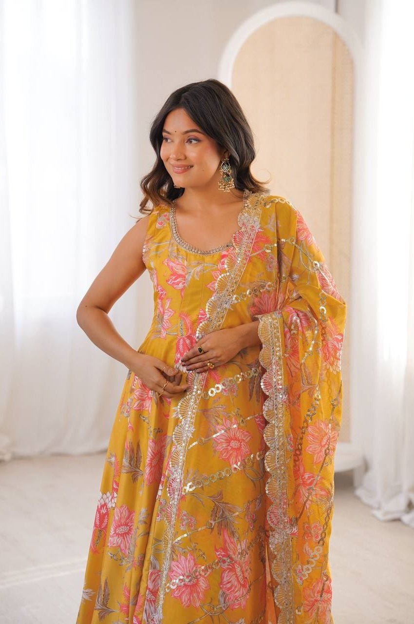 Sunshine Yellow Muslin Floral Print Anarkali Set