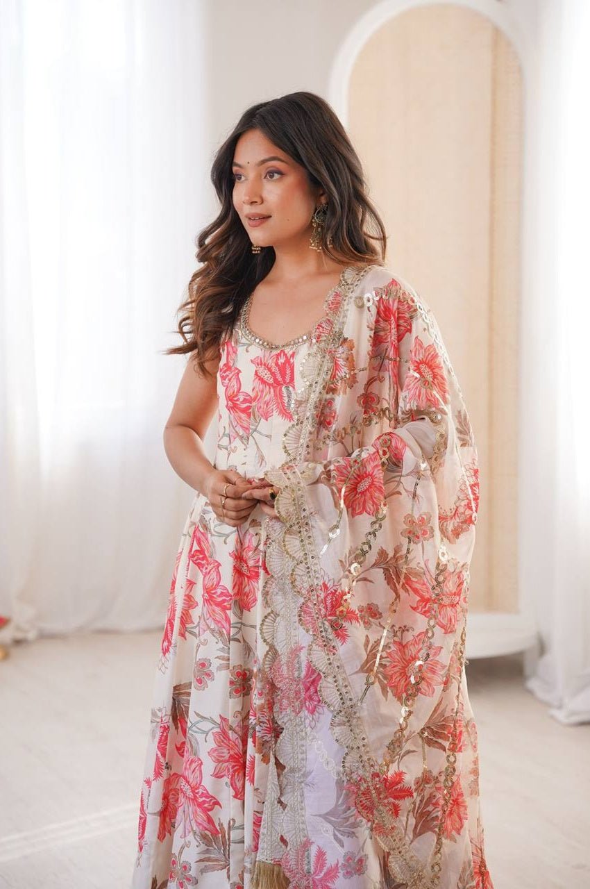 Cream White Muslin Floral Print Anarkali Set