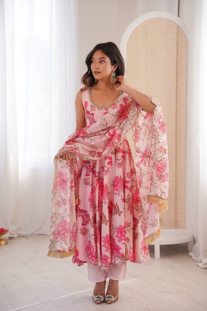 Pink Muslin Floral Print Anarkali Set