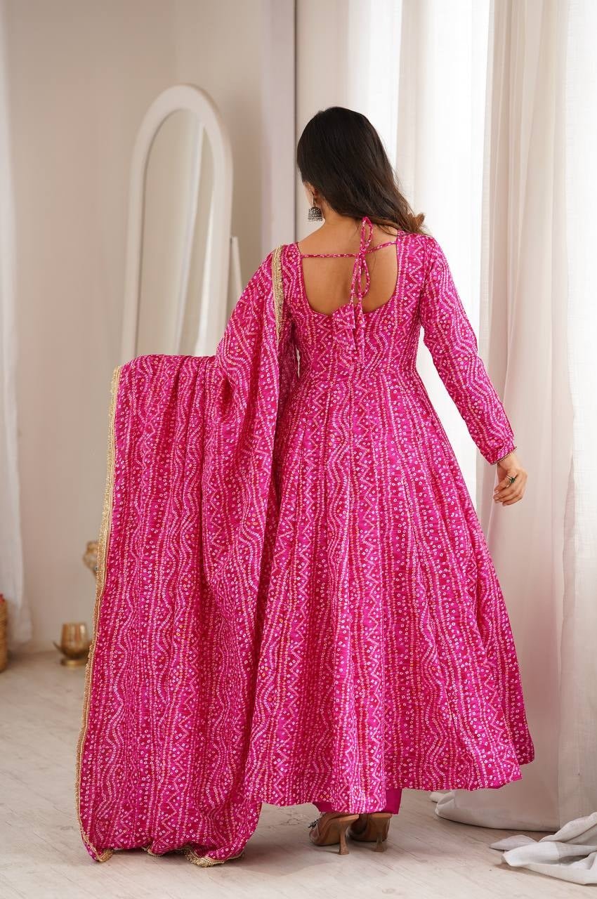 Pink Rayon Mirror Embroidery Ethnic Gown Set