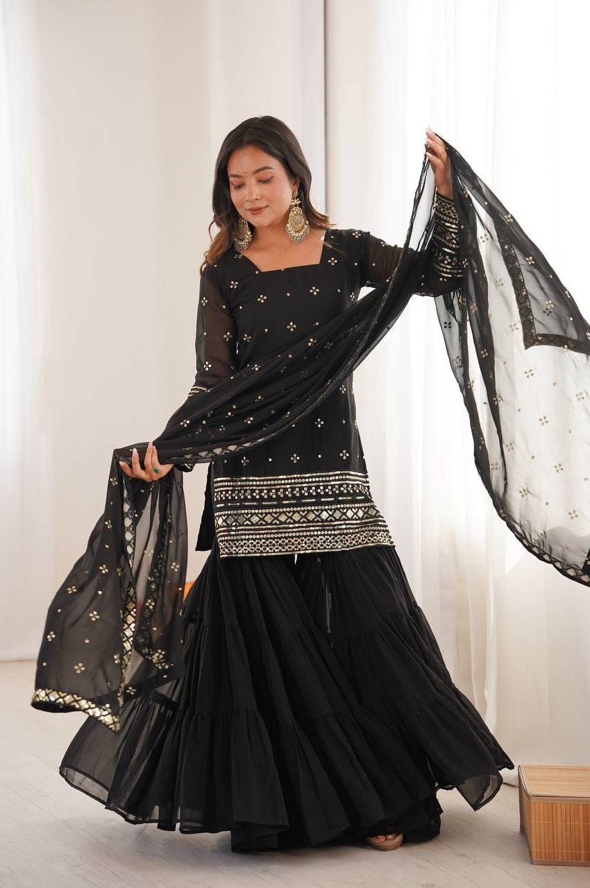 Black Sequin Work Ruffle Sharara Suit Set