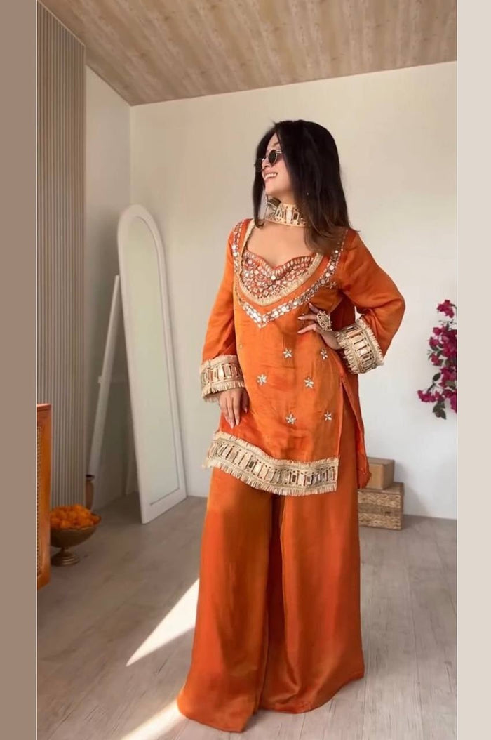 Rust Orange Mirror Work Palazzo Suit