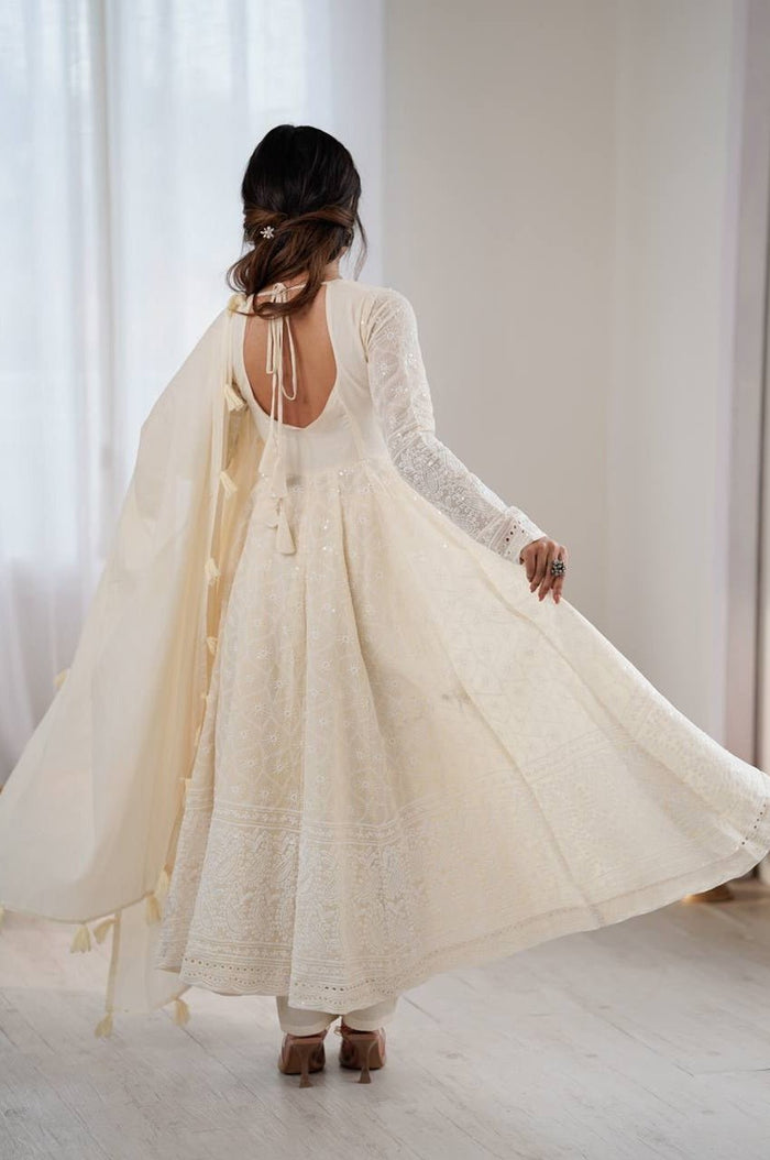 Off White Lucknowi Anarkali Suit Set
