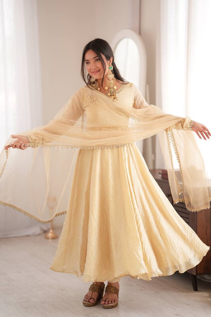 Beige Doremon Crush Silk Gown Set