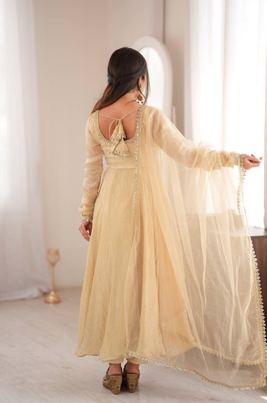 Beige Doremon Crush Silk Gown Set