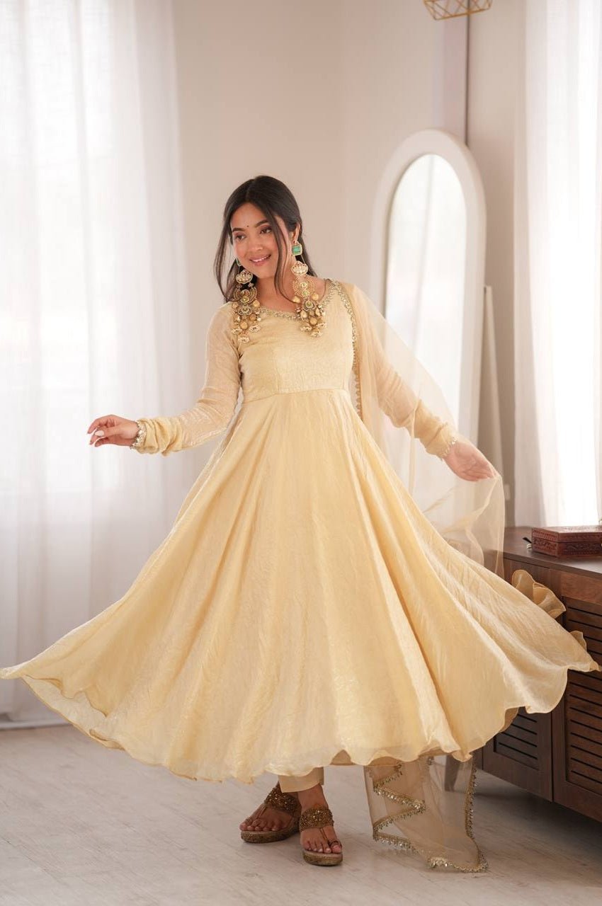 Beige Doremon Crush Silk Gown Set