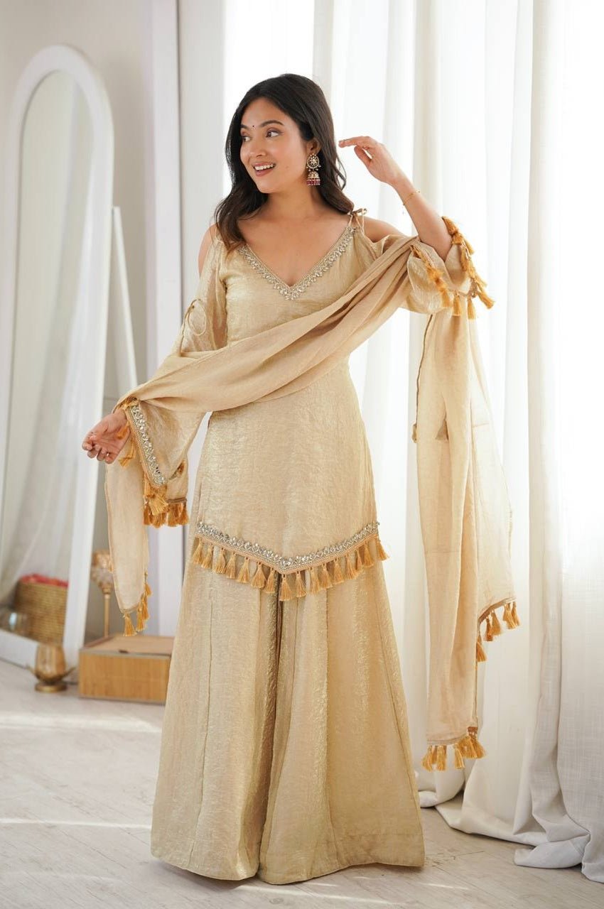 Premium Arabia Beige Doremon Crush Kurti Palazzo Set