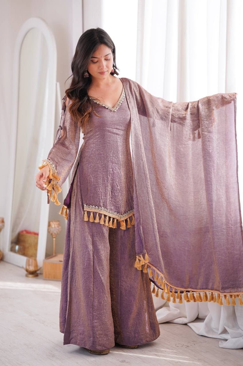 Rustic Lilac Doremon Crush Kurta Palazzo Set